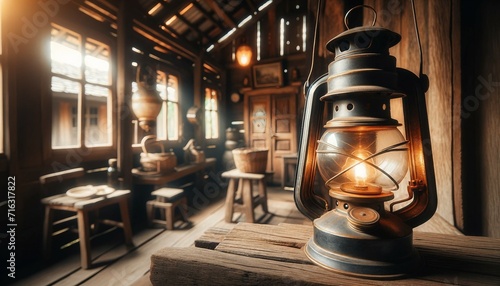 Vintage lantern in a rustic cabin interior.