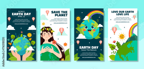 Earth Day Social Media Stories Flat Cartoon Hand Drawn Templates Background Illustration