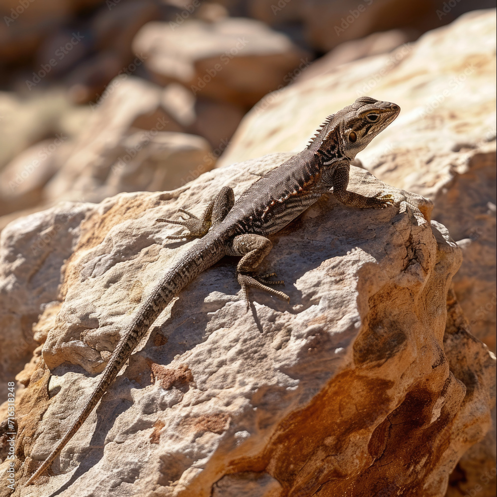 Lizard Sunbathing on Rock: Desert Panoramic Perspective Lizard Sunbathing on Rock: Desert Panoramic Perspective