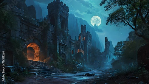 As dusk falls, the moon casts an otherworldly glow on the ruins, igniting the imagination of those who dare to venture inside. Fantasy animatio photo