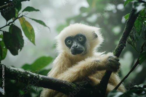 A white gibbon clings to a branch, its piercing eyes gazing out from the verdant rainforest undergrowth.

