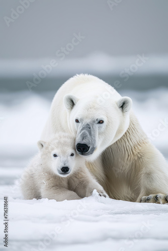 A polar bear with her cub, mother love and care in wildlife scene