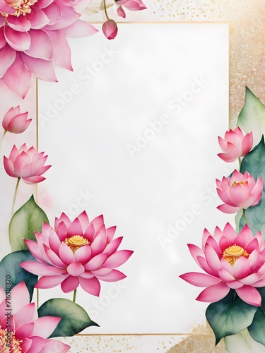 copy space for text card with lotus  flowers and leaves , watercolour , wedding invite,Happy Women's, Mother's, Valentine's Day, birthday flower frame  greeting card design. mockup copy space .