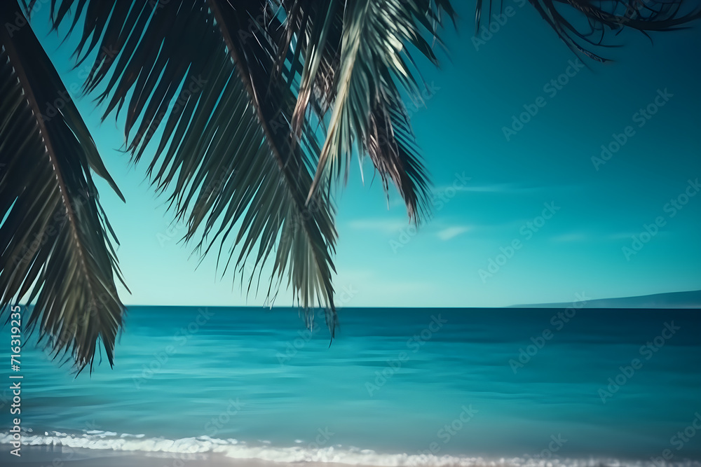 Abstract seascape with palm tree, tropical beach background with light of calm sea and sky. summertime vacation background concept.