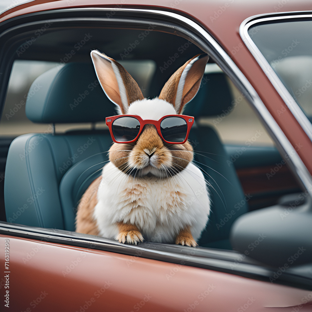 Cute old Easter Bunny with sunglasses looking out of a car filed with Easter eggs