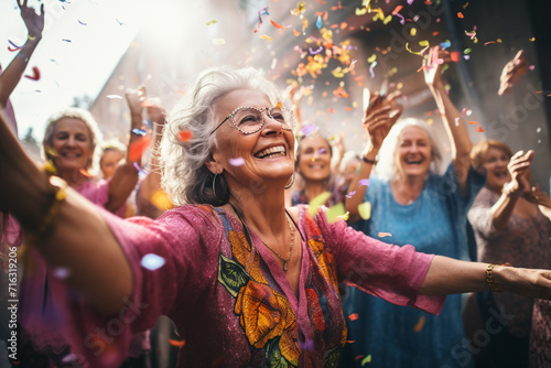 Fototapeta Happy senior woman dancing with confetti at a music festival. Group of friends having fun together.