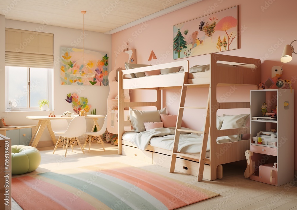 Fototapeta premium a nursery with a modern and minimalist design. The room features a crib, armchair, teepee, and three framed art pieces on the wall.