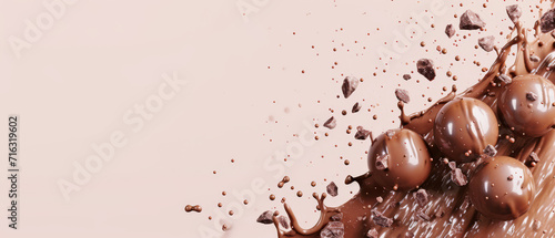 Action shot of chocolate chunks on a melted stream of chocolate. No text banner is ideal for your text.
