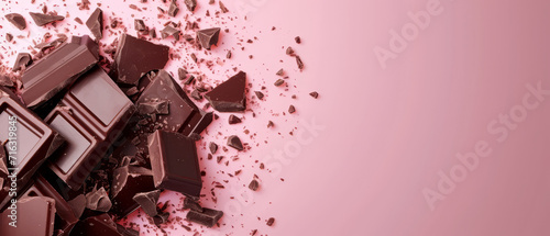 Scattered dark chocolate bars and shavings on a delicate pink background. photo