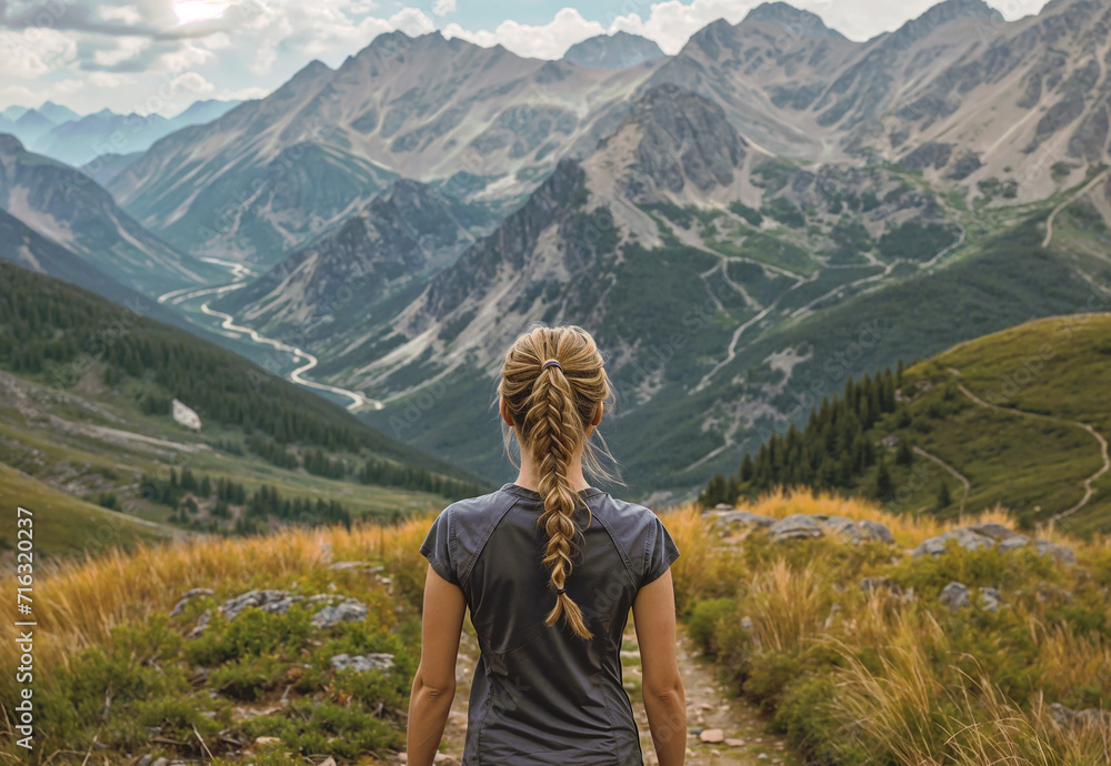 Naklejka premium Blonde woman seen from behind, hiking on a beautiful sunny summer day, mountains in the background
