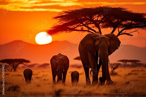 Majestic herd of elephants gracefully roaming the vast african savannah at golden sunset