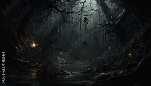 Dark creepy halloween forest with fog. Horror dark forest with scary tree. Halloween background