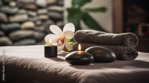 Spa composition with towels  stones and flowers