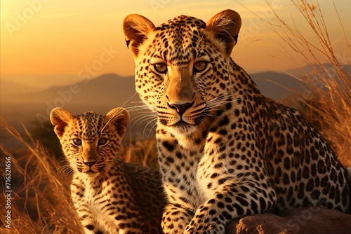 Beautiful leopard family relaxing in african savannah at sunset with breathtaking natural backdrop