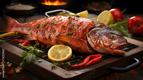 Grilled fish cooked Vegetab...