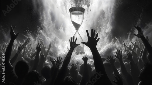 Conceptual of waist time, no time, clock a melting. sand clock, many hands want time. Illustration black and white.