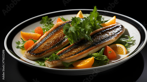 Grilled fish cooked Vegetables, Keto friendly diet. Paleo, keto, food map, dash diet. Healthy concept. © bravissimos