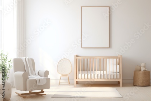 a bright, minimalist nursery with a wooden crib, white rocking chair, and a houseplant. The walls are white and there is natural light coming in from the window.