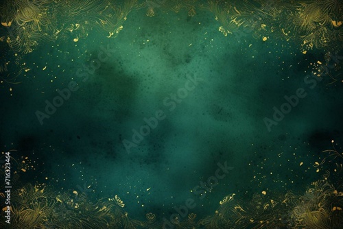 Hand-drawn ornament on warm green background with golden glitter splatters, featuring darker vignette. Paper texture, A4 size. Generative AI