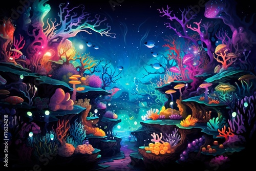 A nighttime underwater spectacle with bioluminescent organisms and coral.