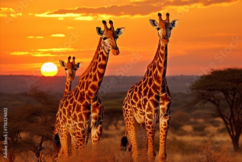 Breathtaking african safari. majestic giraffes gracefully roaming the savannah at sunset