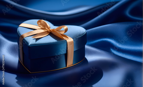 Heart-shaped gift box, nestled on a backdrop of smooth blue silk, Valentine's Day, Christmas. Generative AI