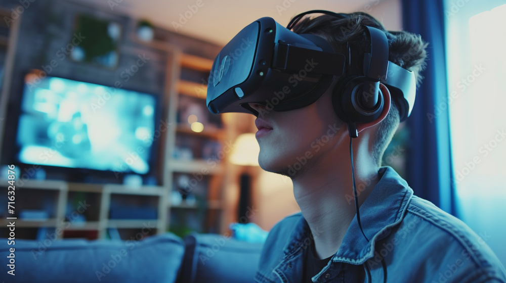 VR headset. Man wearing virtual reality goggles. Video game in futuristic world. VR headset. Man wearing virtual reality goggles. Video game in futuristic world.