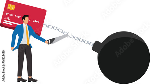 Rescue debt, A Businessman cuts the chain on a bank card with a saw to save debt