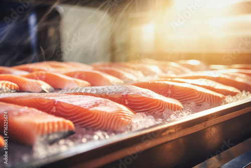 The detail of a fish salmon factory, processing line. Fish and food industry abstract. Salmon fillet on an industrial conveyor.