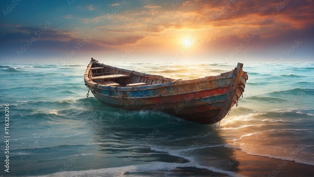 In the center of a vast, ethereal ocean, a vividly alive, yet decaying, singular dimensional dinghy stands out in the cinematic photograph. In the center of a vast, ethereal ocean, a vividly alive, yet decaying, singular dimensional dinghy stands out in the cinematic photograph.
