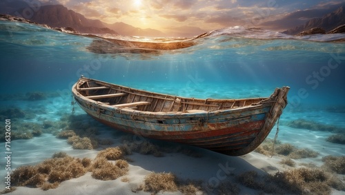 In the center of a vast, ethereal ocean, a vividly alive, yet decaying, singular dimensional dinghy stands out in the cinematic photograph.  photo