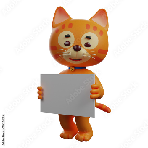 3D illustration. 3D Cat Character Design holding white paper. showing a cute smile. wearing a blue necklace. 3D Cartoon Character