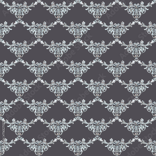 Hand drawn watercolor vintage ornament seamless pattern. Baroque illustration isolated on grey background. Can be used for textile, fabric and other printed products.