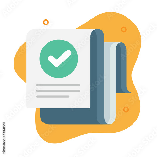 Permission check mark approved document icon vector flat cartoon graphic illustration, tick checkmark survey notice note paper report form, certified quality control info modern design