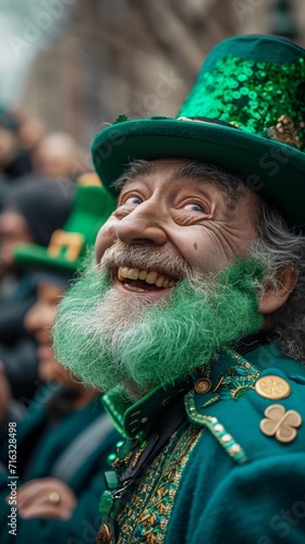 Senior man at the St. Patrick's Day parade dressed as a leprechaun. Close-up portrait. AI Generated