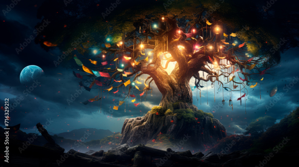 A spiritual Buddhist tree with mystical hanging objects on top of the mountain and night sky. The connection of the spiritual world to the present. - obrazy, fototapety, plakaty 