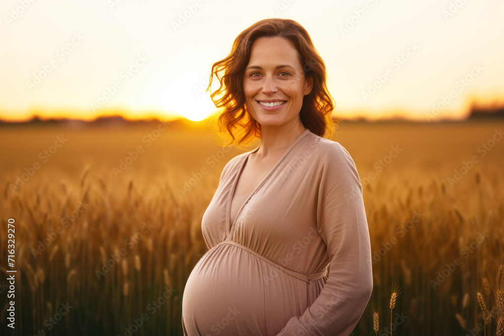 Photograph of a 50-year-old Caucasian pregnant woman in a serene field at sunset, glowing with happiness
Photograph of a 50-year-old Caucasian pregnant woman in a serene field at sunset, glowing with happiness