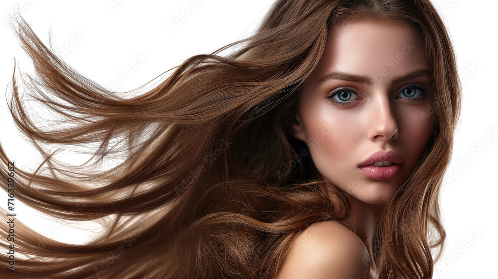 model's strong and shiny locks after hair treatment, emphasizing the transformative effects of specialized hair care against a high-quality and detailed white background model's strong and shiny locks after hair treatment, emphasizing the transformative effects of specialized hair care against a high-quality and detailed white background