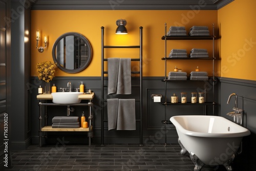 Elegant hotel bathroom toilet with dark gray stone fixtures and a heated towel rack  on an isolated yellow background  Generative AI.