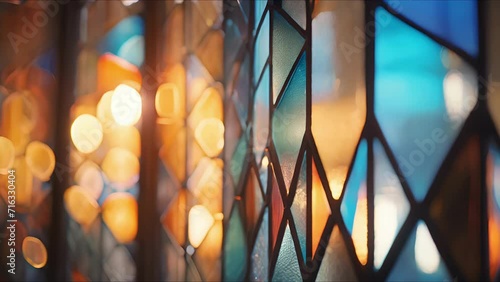 Closeup of delicate stained glass windows illuminating a minimalist interior. photo