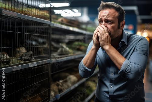 
Photograph of an Australian man in his 40s showing a clear disgust at an unpleasant smell in a pet store photo