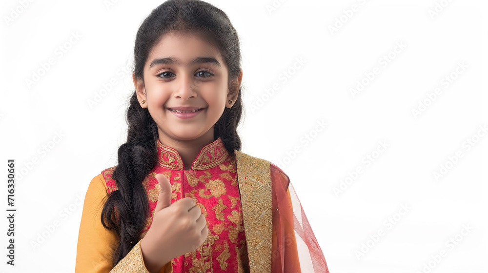 Indian girl in modern attire, smiling brightly and giving a thumbs up Indian girl in modern attire, smiling brightly and giving a thumbs up