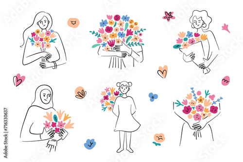 Women with flower bouquets, gifts for Valentines Day or Mothers Day hand drawn collection, doodle icons of colorful flowers in women hands, vector illustrations of beautiful happy girls