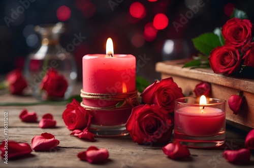 Romantic scene with candles  red roses  and soft lighting on a wooden surface