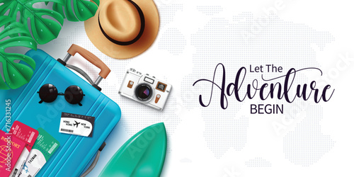 Summer adventure vector banner. Let the adventure begin text with travel bag luggage, passport, ticket and hat for summer vacation tour in map background. Vector illustration summer adventure banner 
