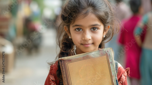  young girl holding a book with the preamble of the Indian book