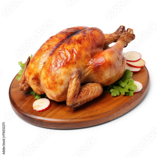 Whole chicken roasted on wood plate  on transparency background PNG