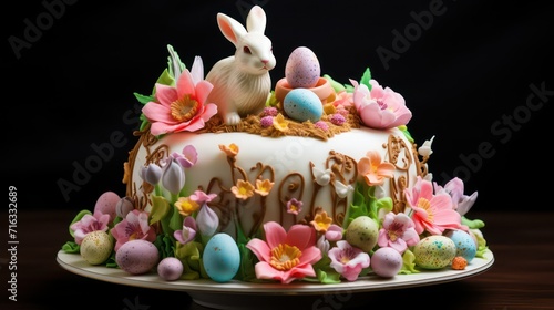 Sweet Springtime Celebration: Easter Cake Decorated with Delicate Blossoms and Colorful Eggs