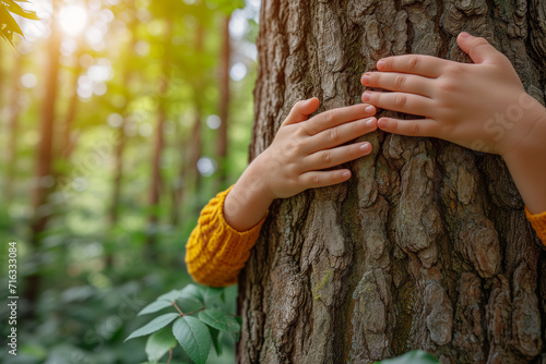 Woman hand hugs a tree in the forest. photo