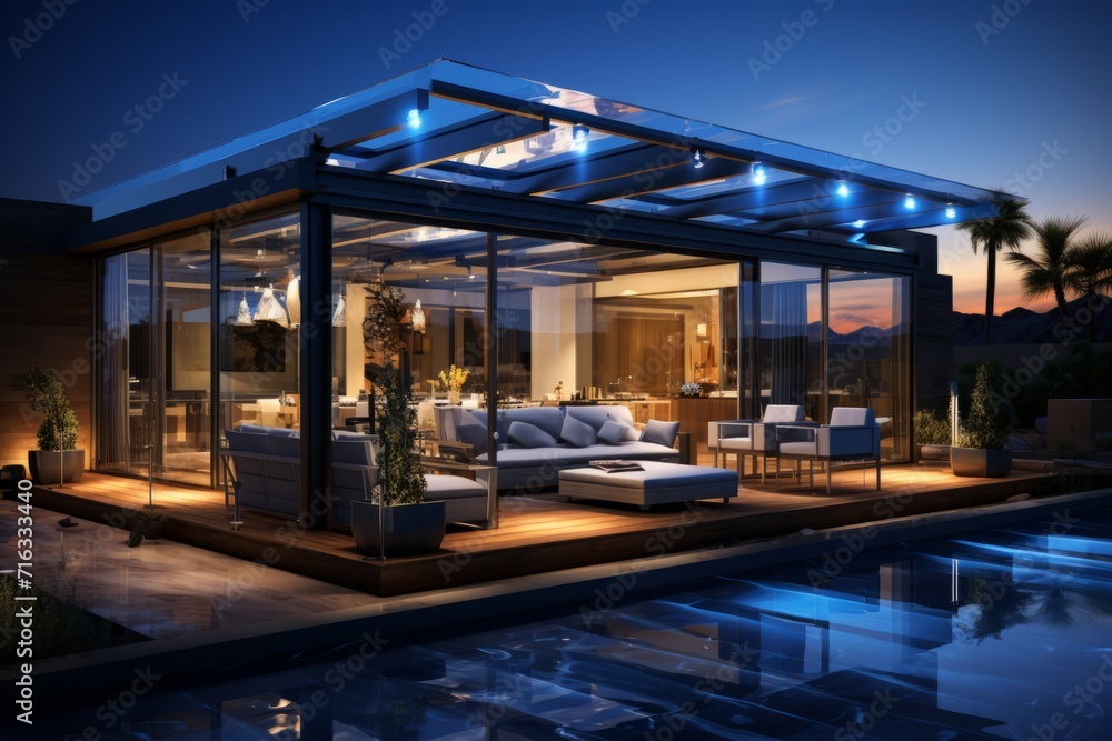 Contemporary Patio Space with Glass Enclosure, on an isolated Midnight Blue background, Generative AI